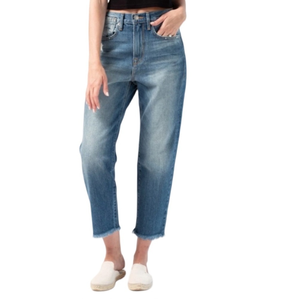 FRAME Le Stevie Crop Slouchy Straight Blue Jeans Frayed Hem Santana Wash Size 29